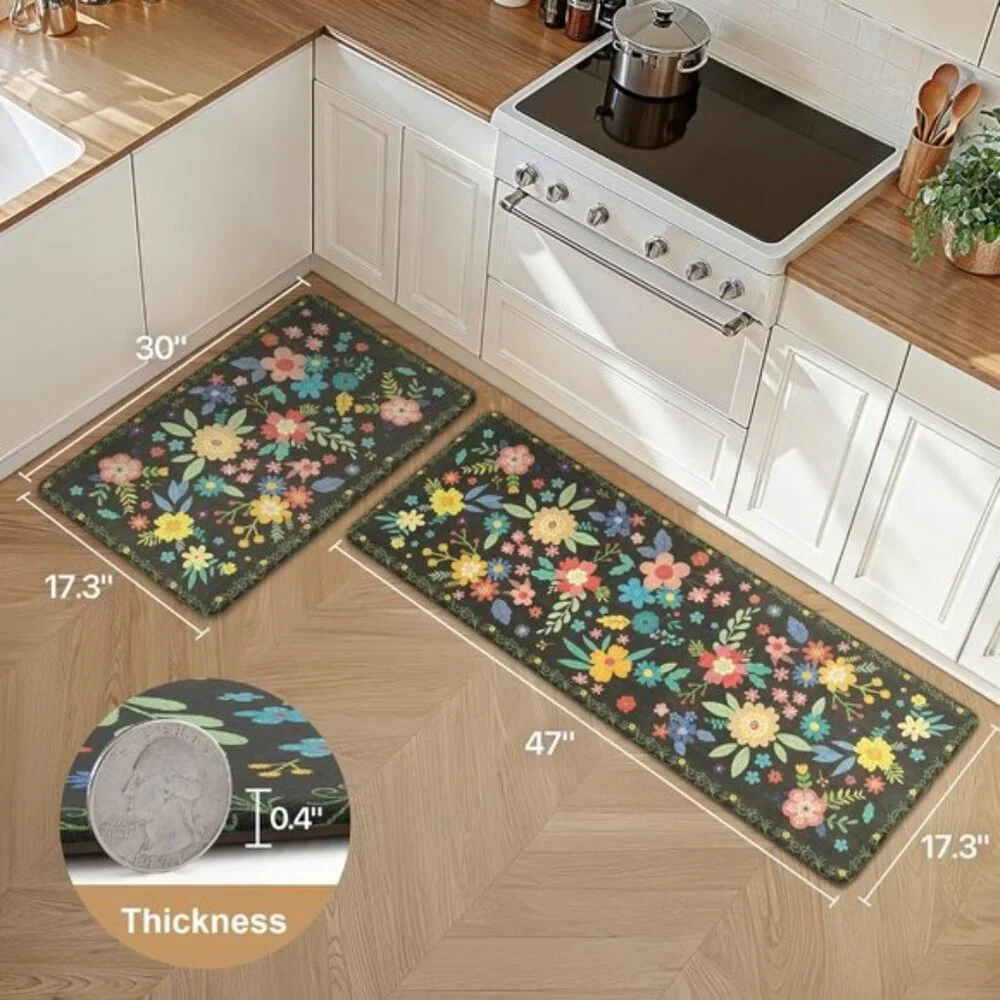 New Set of 2 Black Kitchen Mat, Cushioned, Non-Slip, Anti-Fatigue, Waterproof